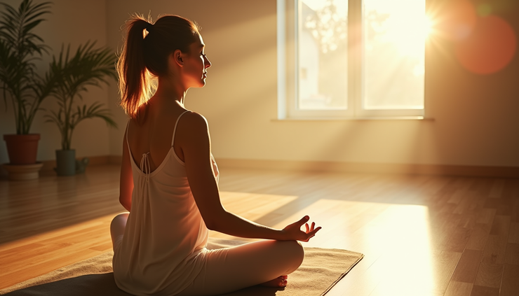 High angle view of a woman practicing meditation in a sunlit room
