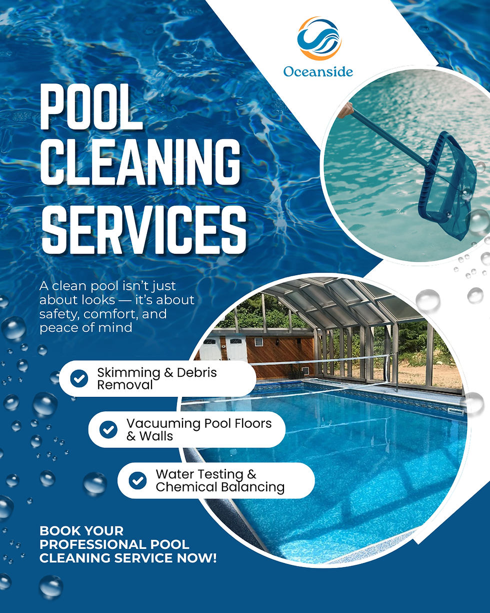 Pool cleaning service marketing flyer with blue water theme and professional service branding.