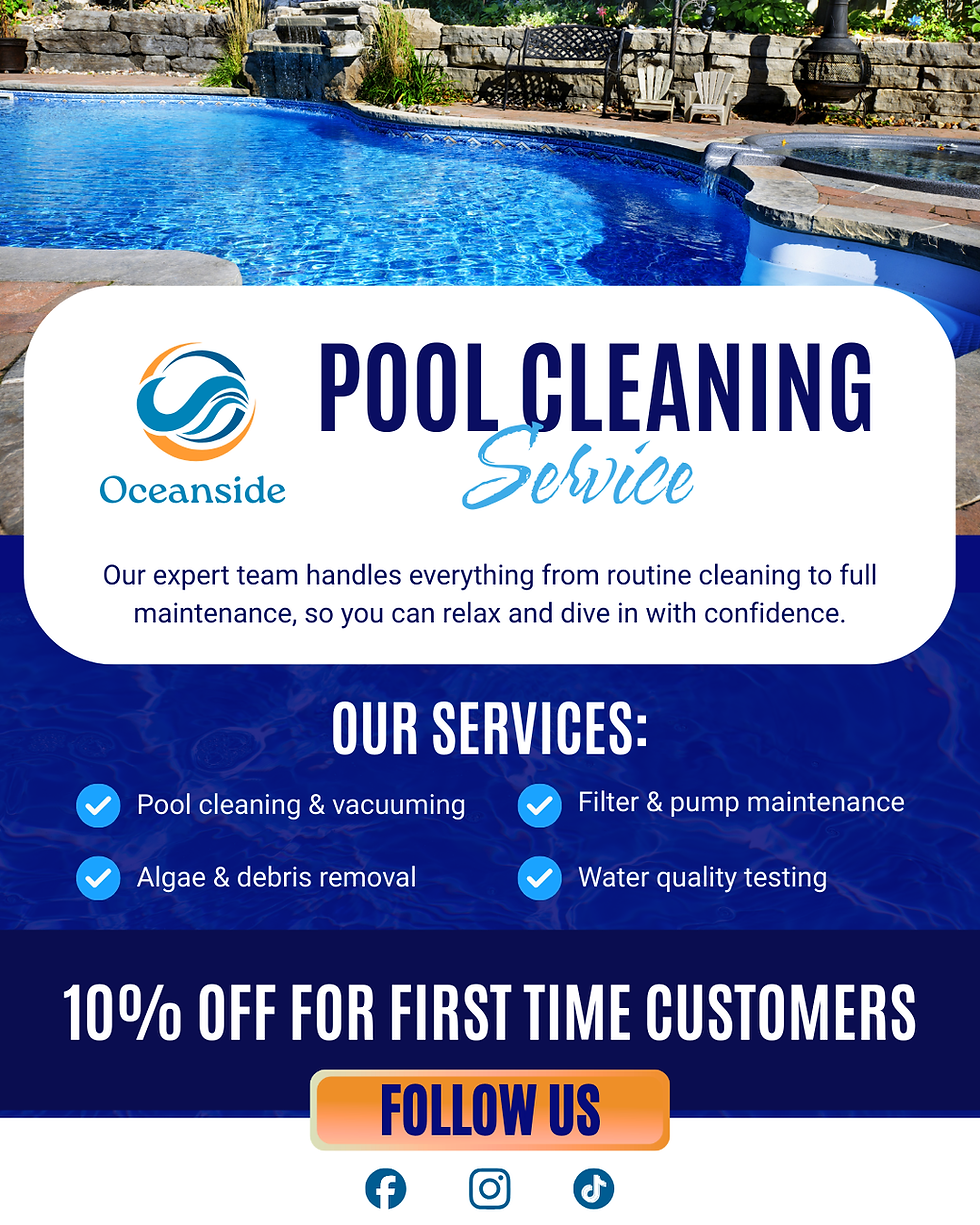 Pool cleaning service marketing flyer with blue water theme and professional service branding.