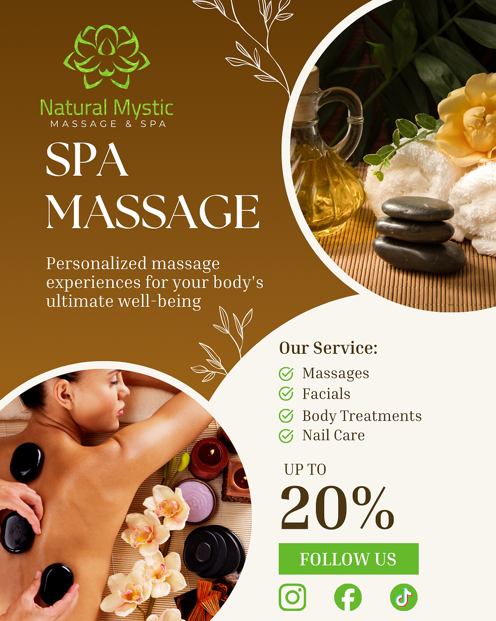 Massage therapy promotional design with wellness branding and calming spa aesthetic.