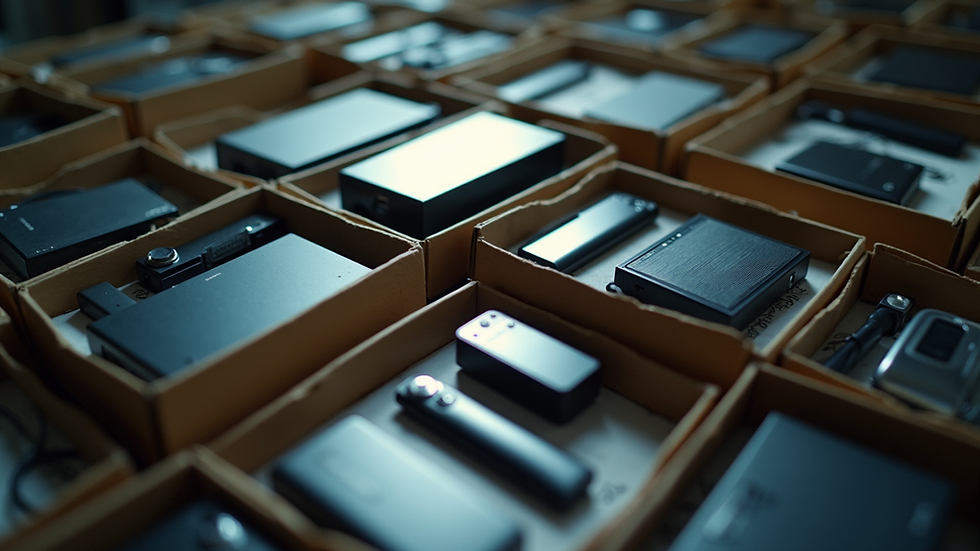 Eye-level view of an assortment of mystery boxes filled with electronic devices