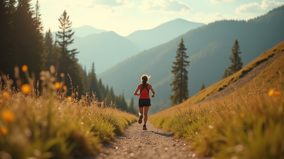 Eye-level view of a young runner on a scenic trail
