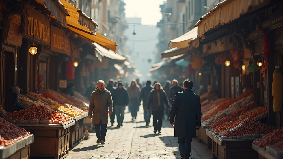 High angle view of a bustling market in Kazakhstan