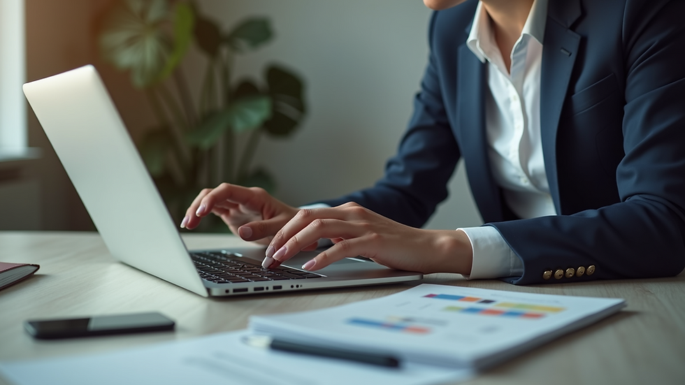 Eye-level view of a small business owner using a laptop with AI software