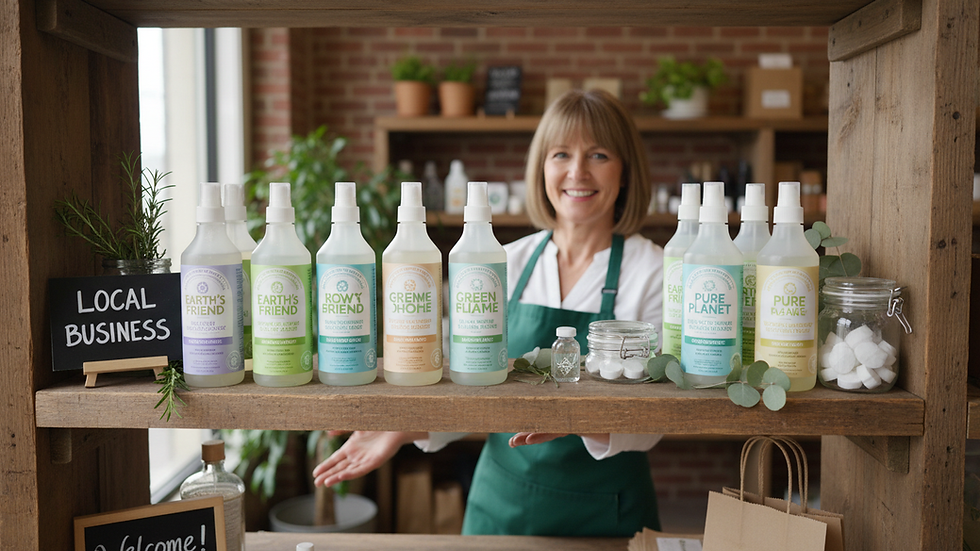 Close-up view of eco-friendly cleaning products arranged on a shelf
