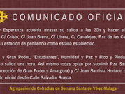 Cambios de última hora en la Semana Santa de Vélez-Málaga para el Jueves Santo