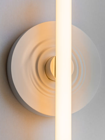 ECHO Collection by VELVART: Sculptural wall sconce with Linestra bulb, ripple-textured circular light fixture handcrafted by Keren Velvart