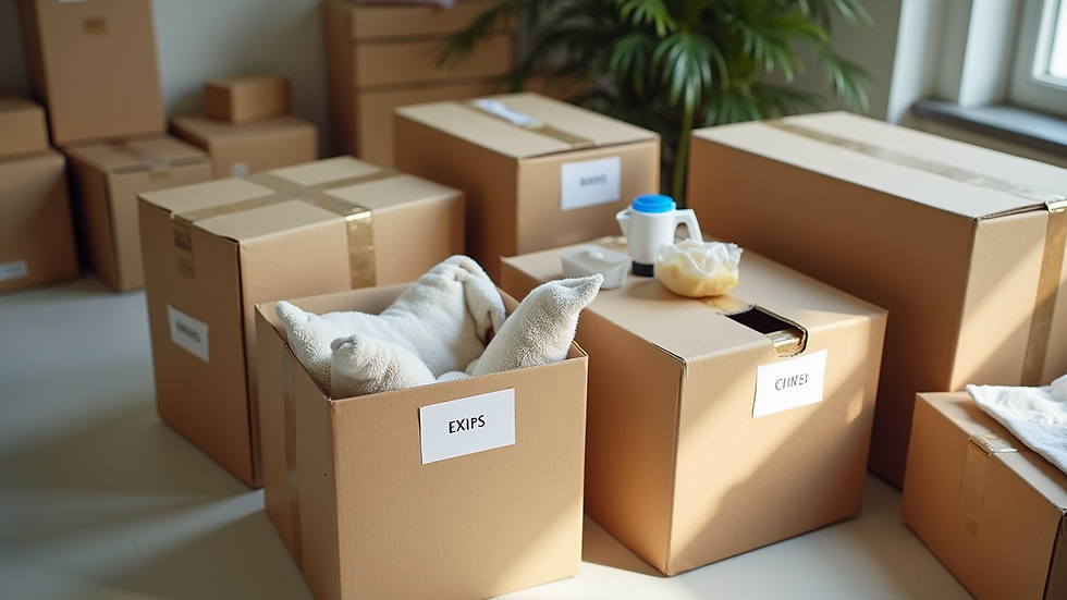 high angle view of labeled boxes and cleaning supplies ready for organizing