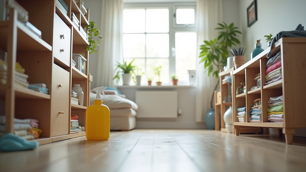 Eye-level view of a neatly organized room after cleaning