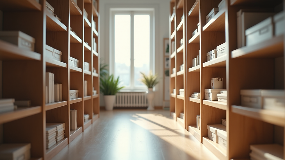 Eye-level view of a tidy room with organized shelves