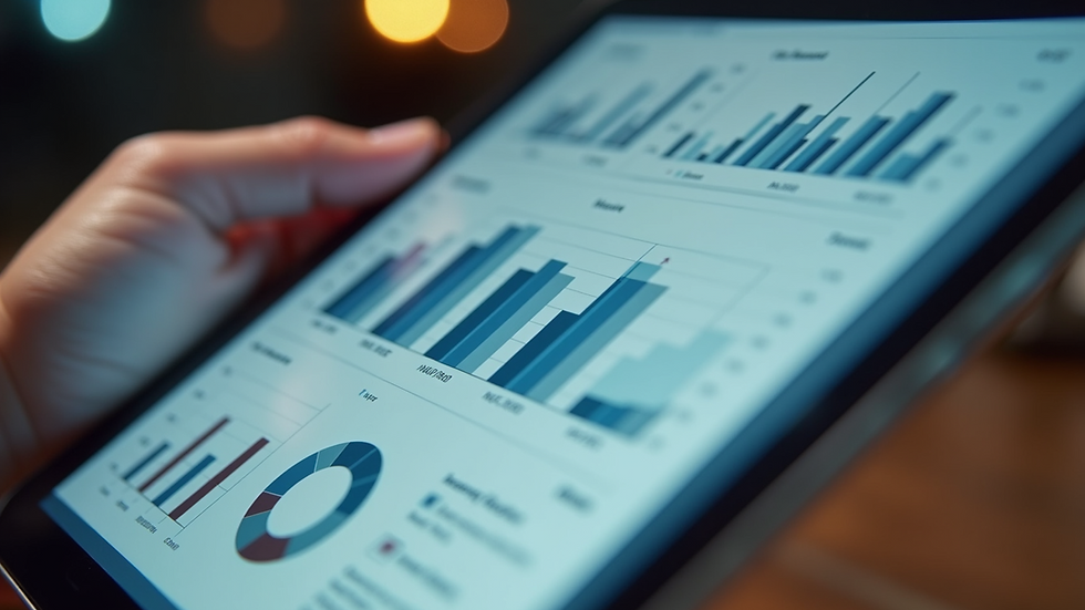 Close-up view of a digital tablet showing business analytics dashboard