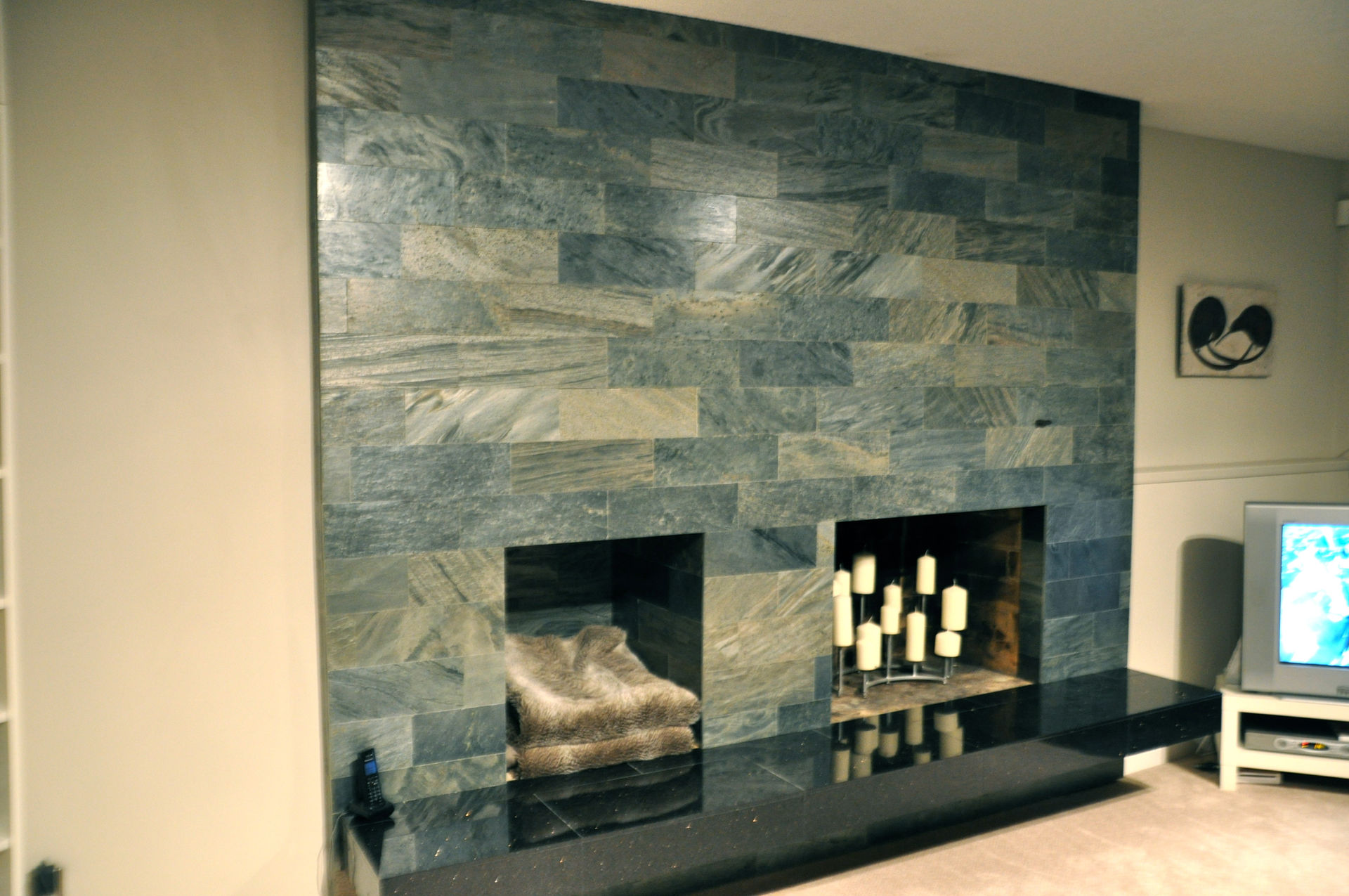 Modern fireplace. Slate tile.