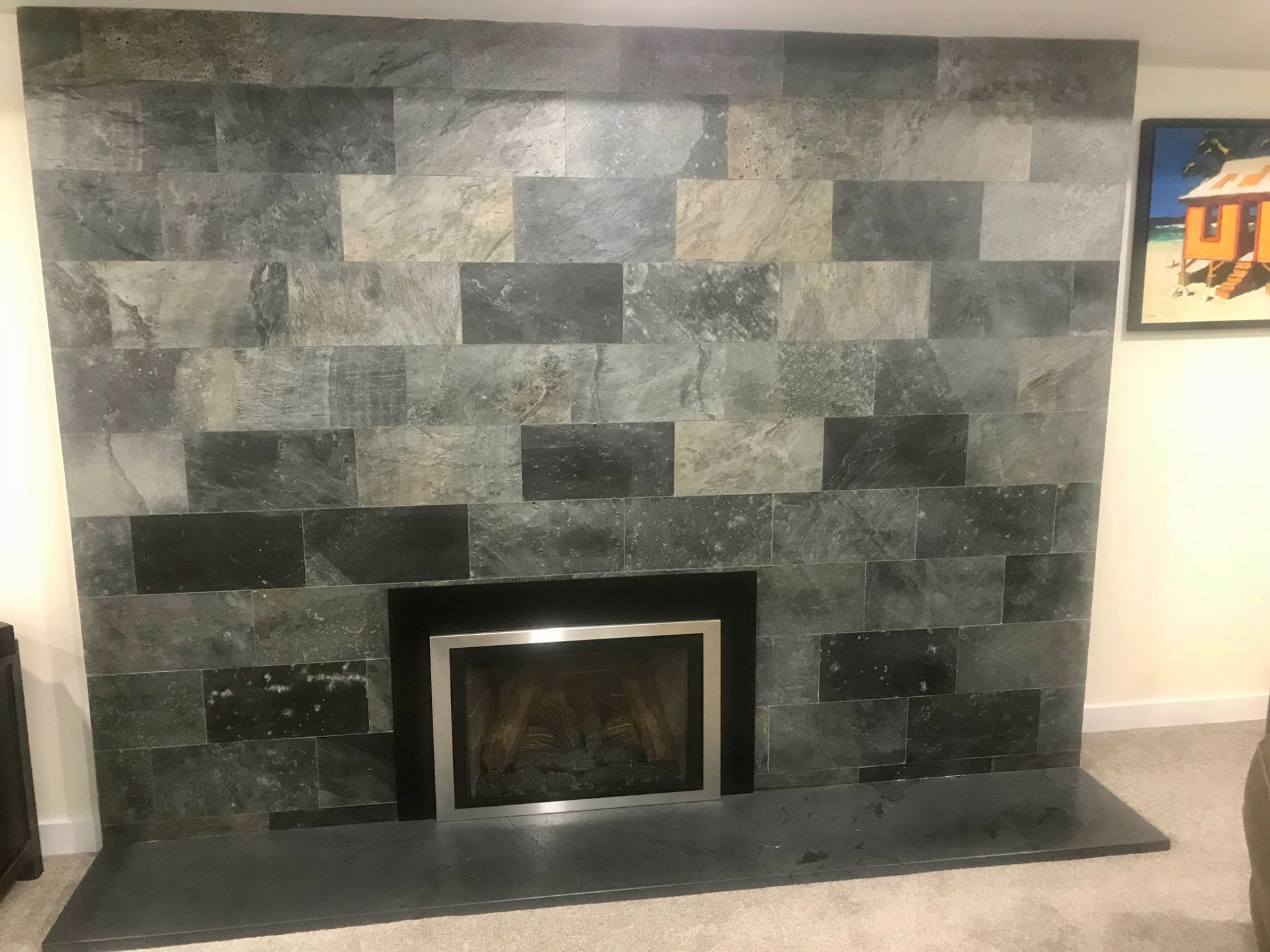 Contemporary fireplace. Slate tile.
