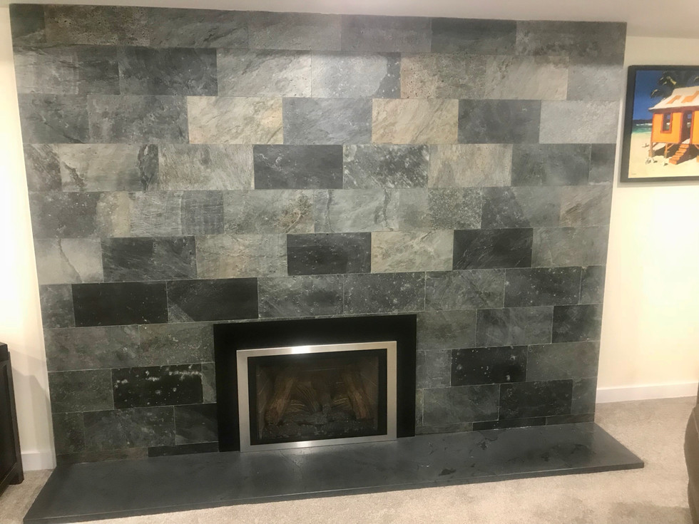 Contemporary fireplace. Slate tile.