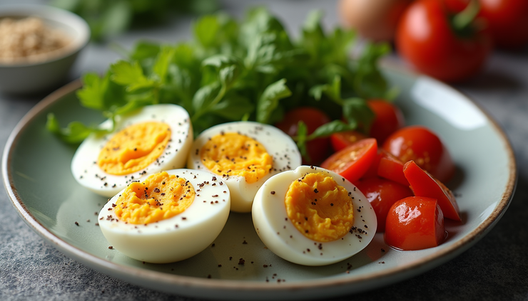 High angle view of a plate with boiled eggs and fresh vegetables