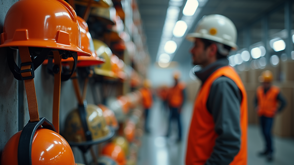 Eye-level view of a safety gear display for construction workers