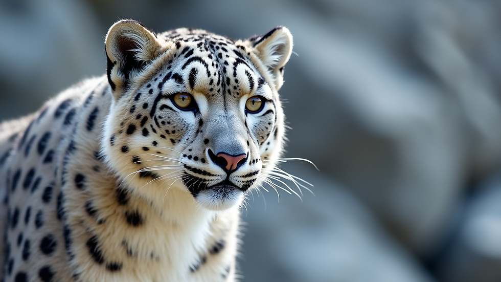 Close-up view of snow leopard’s thick fur and spotted pattern blending with rocky background