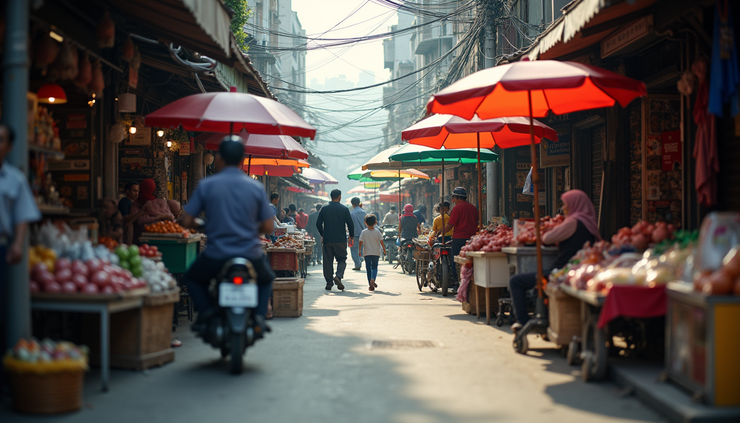 Eye-level view of a local market street in an emerging city, showing shops and community interaction