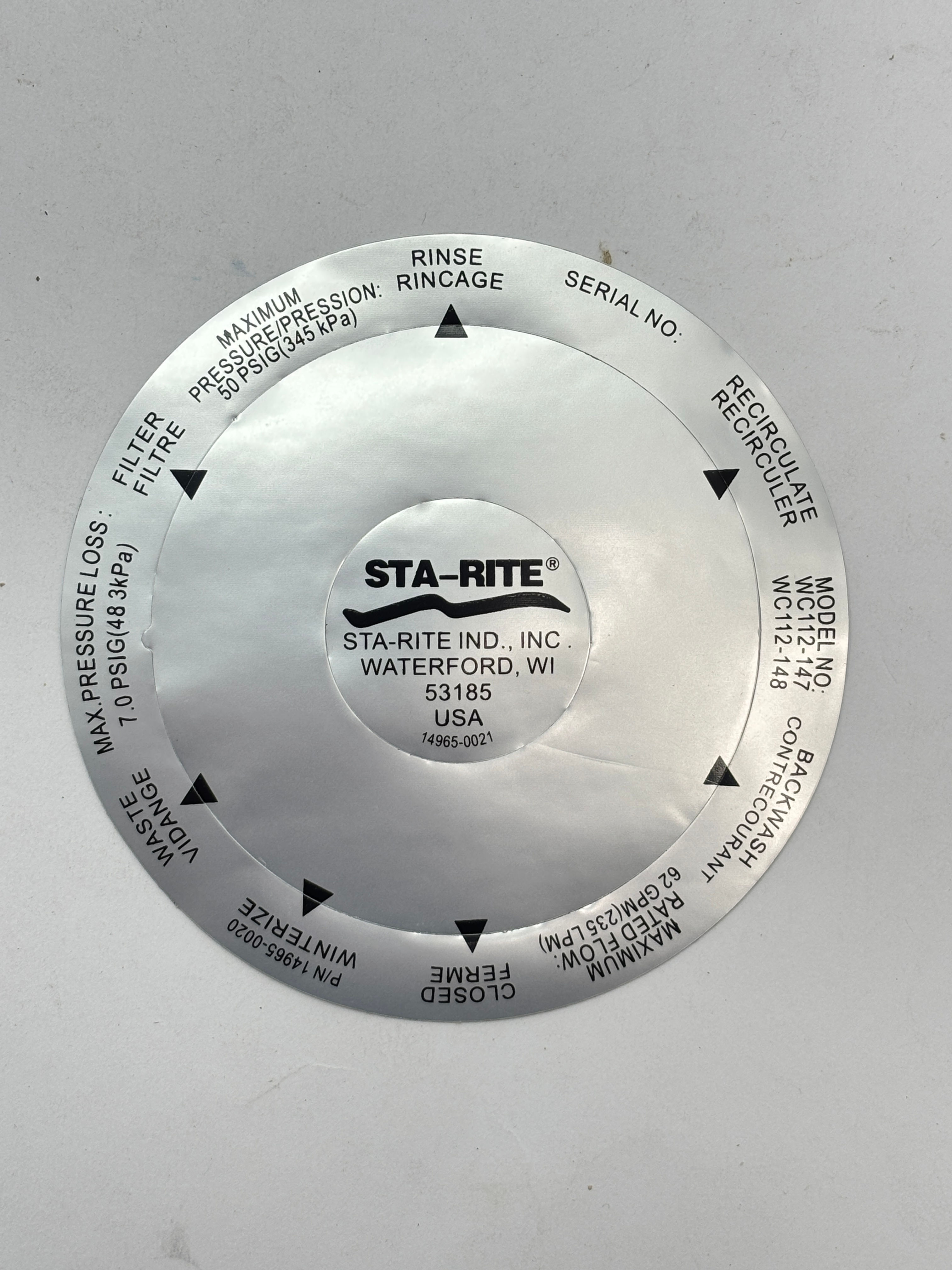 Onga Pentair Starite 40mm MPV Decal Label Sticker 14965-0020