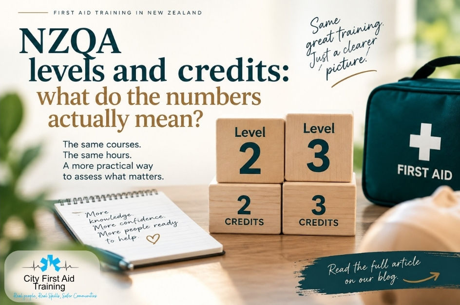 NZQA first aid levels and credits explained, with wooden blocks labelled Level 2, Level 3, 2 credits and 3 credits beside a first aid kit.