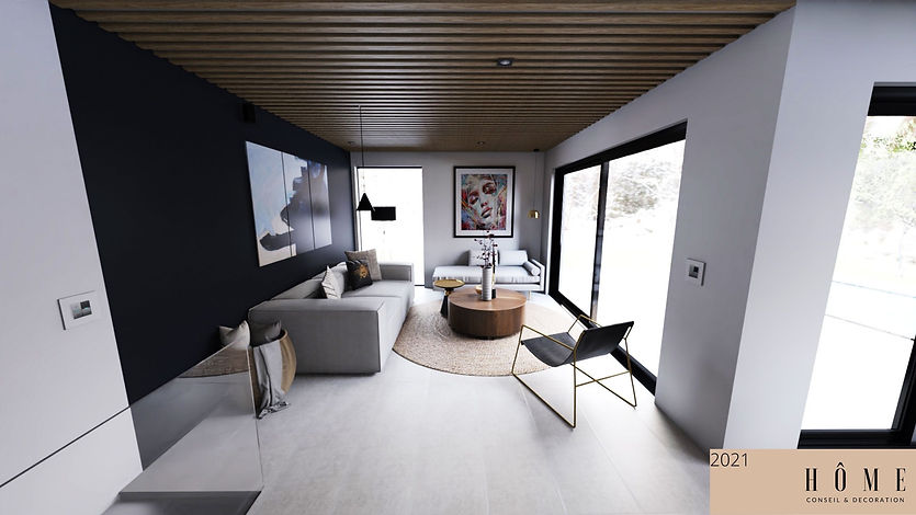 Un salon contemporain bleu nuit avec habillage tasseaux de bois au plafond