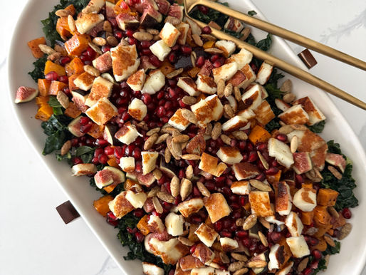 Roasted Sweet Potato Kale Salad with Halloumi
