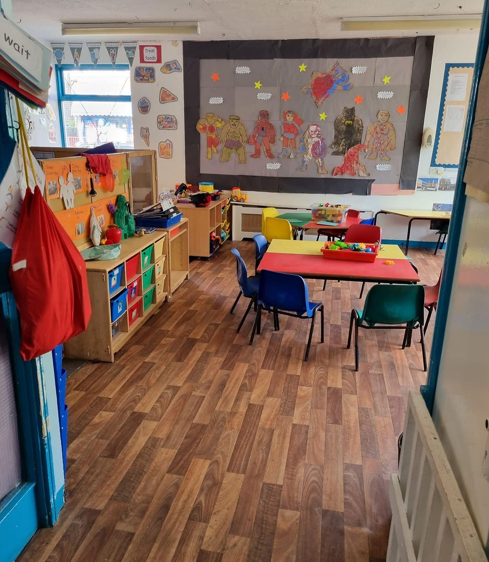 Eye-level view of a colourful nursery classroom with toys and learning materials