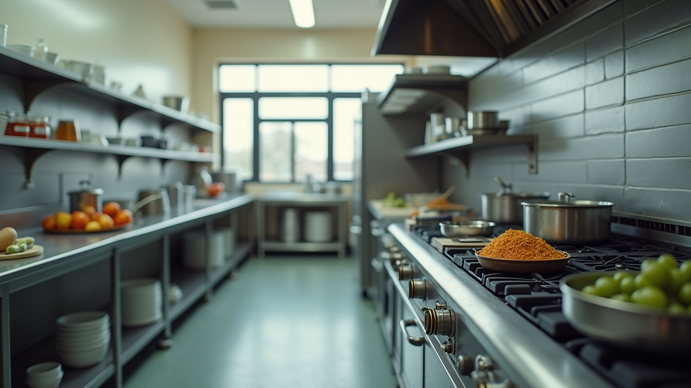 Eye-level view of a school kitchen with cooking utensils and ingredients neatly arranged