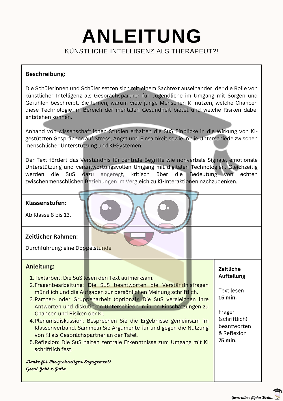 Miniaturbild: Arbeitsblatt: Künstliche Intelligenz als Therapeut?!