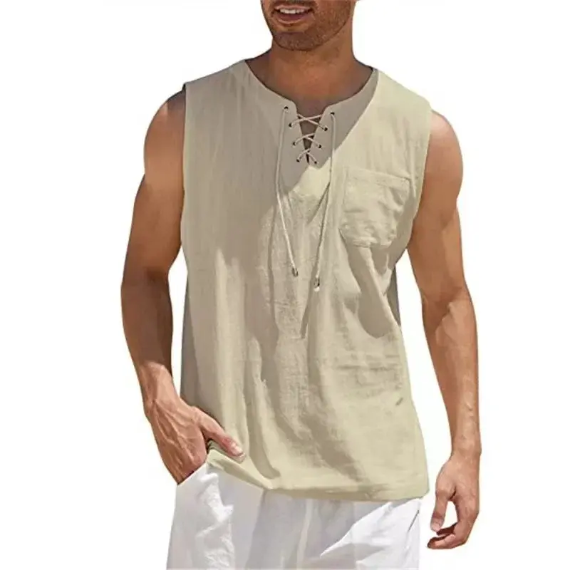 Thumbnail: Cotton Linen Shirts Men's Casual Sleeveless Vest Lace Up Shirts Retro v Neck