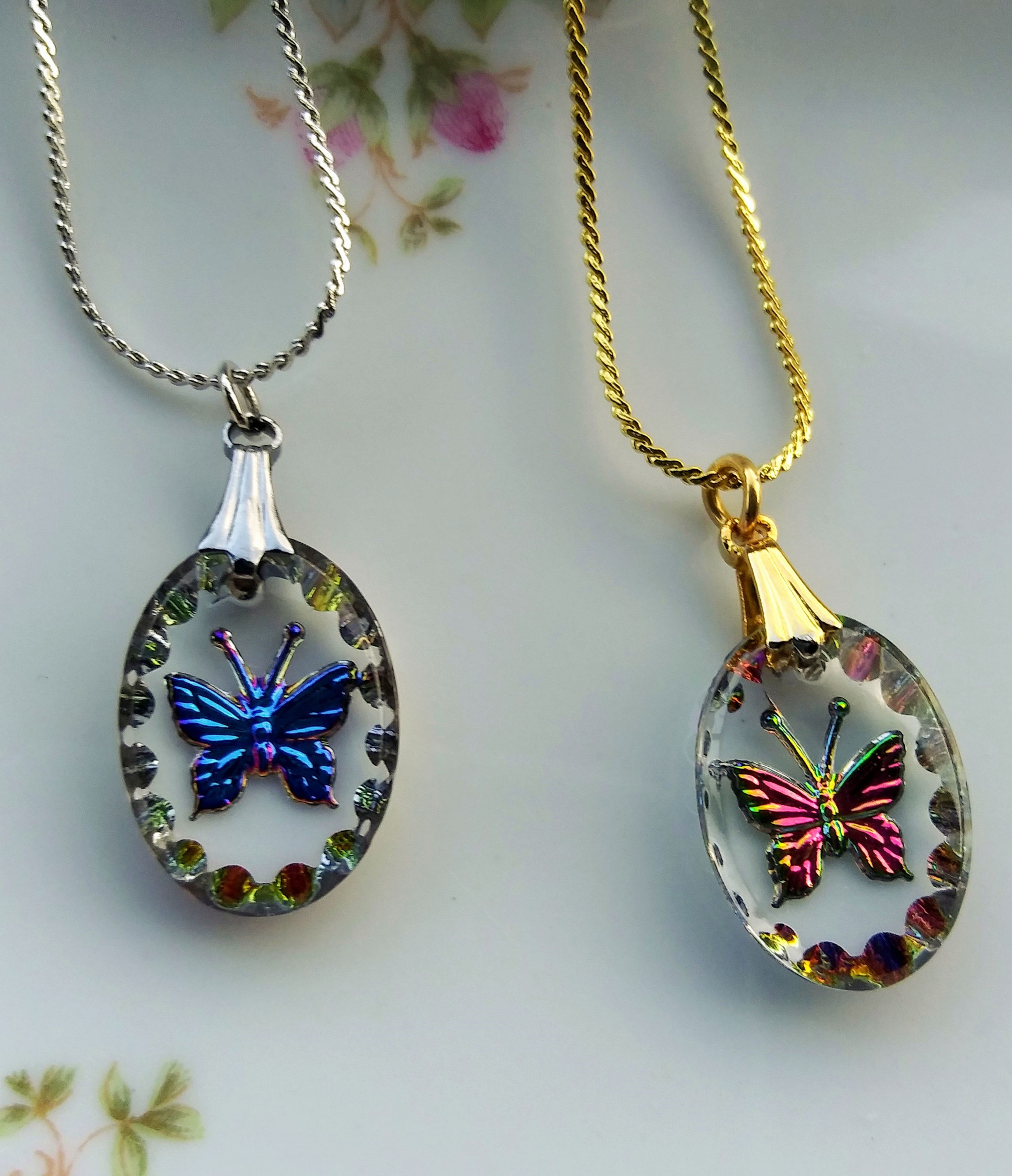 Crystal Intaglio Oval Iridescent Butterfly Necklace