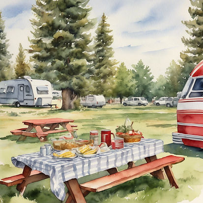 A watercolor painting of a picnic table on grass. There is a red and white table cloth on