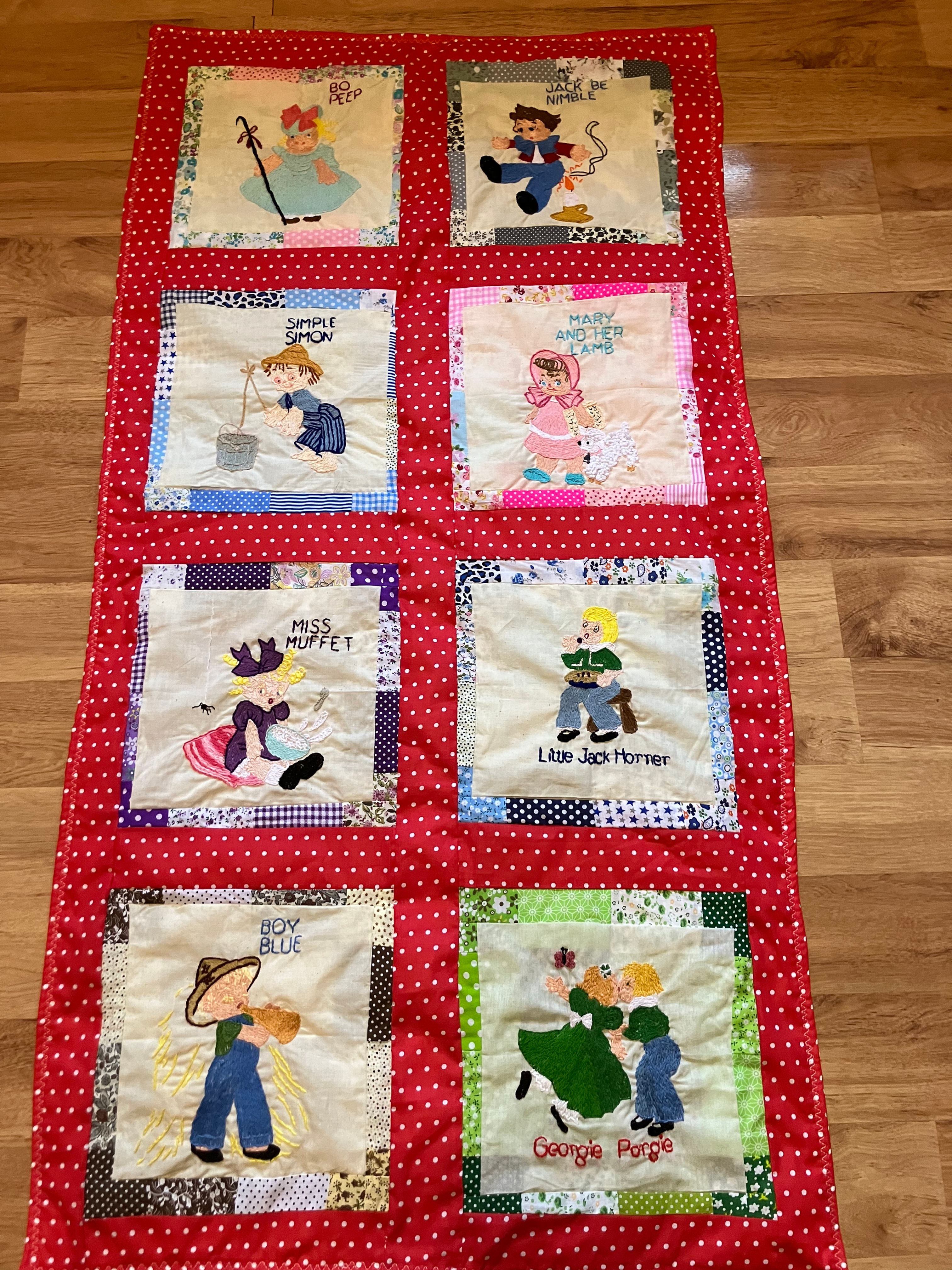 Nursery Rhyme hand embroidered crib size quilt or wall hanging