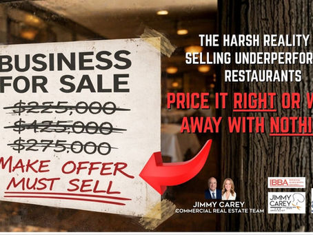 Selling an underperforming restaurant in Atlanta with repeated price reductions displayed on a Business for Sale sign, illustrating the importance of accurate restaurant valuation by Jimmy Carey Commercial Real Estate, Atlanta Restaurant Business Broker.