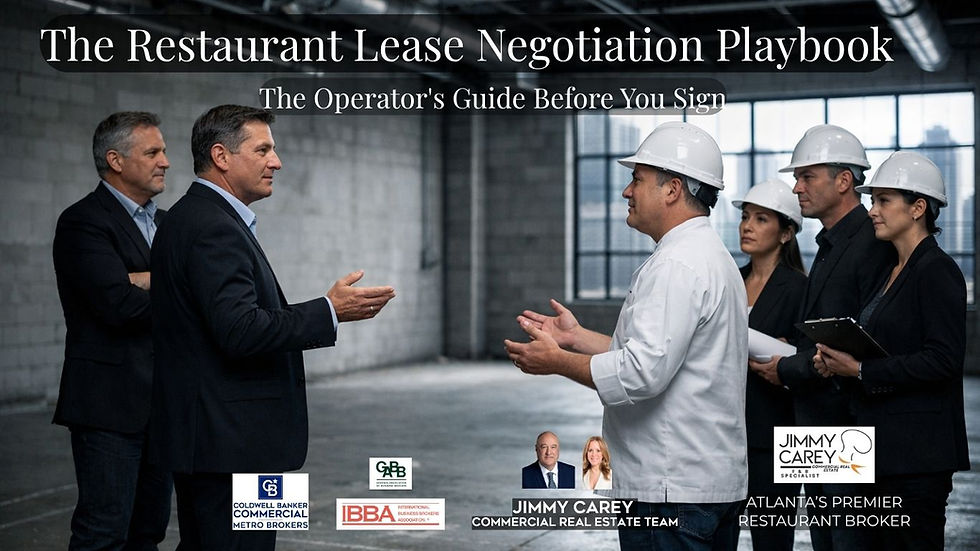 Restaurant operator partners including a chef in white coat and hardhats negotiating a commercial lease inside a raw unfinished Atlanta restaurant space with the city skyline visible through industrial windows