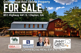 Marketing cover image for the restaurant and commercial real estate offering at 851 Highway 441 South in Clayton, Georgia featuring the renovated freestanding restaurant property located in the North Georgia Mountains.