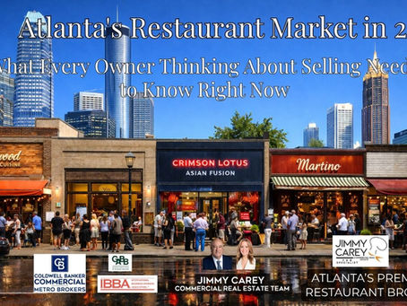 Atlanta restaurant market 2026 — vibrant Atlanta restaurant corridor with full sidewalks, diverse dining concepts, and the Atlanta skyline rising above, representing the active restaurant sales market in Georgia — Jimmy Carey Atlanta's Premier Restaurant Broker