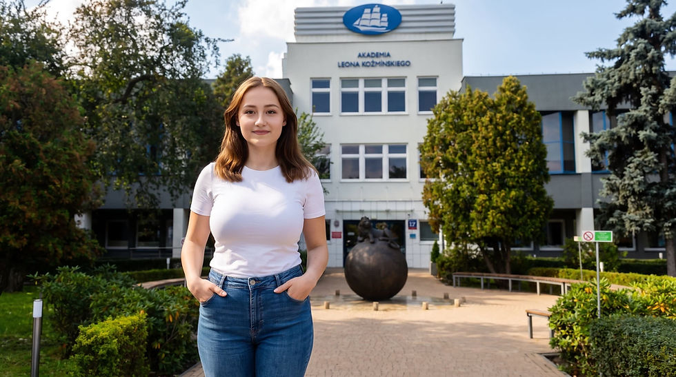 EuropeUni Avrupa'da eğitim uzman danışmanı İrem Uysal, Kozminski University kampüs binası önünde.