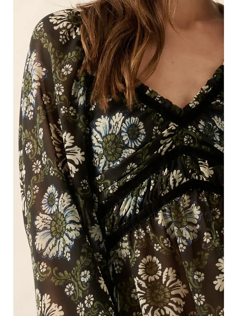 Thumbnail: Floral V-Neck Sheer Gather-Bodice Blouse