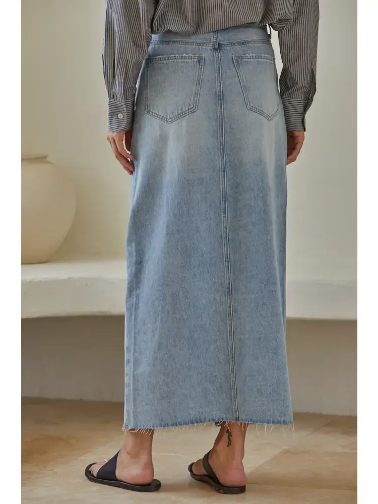 Thumbnail: By Together | Denim Light Wash Cut Off Midi Skirt