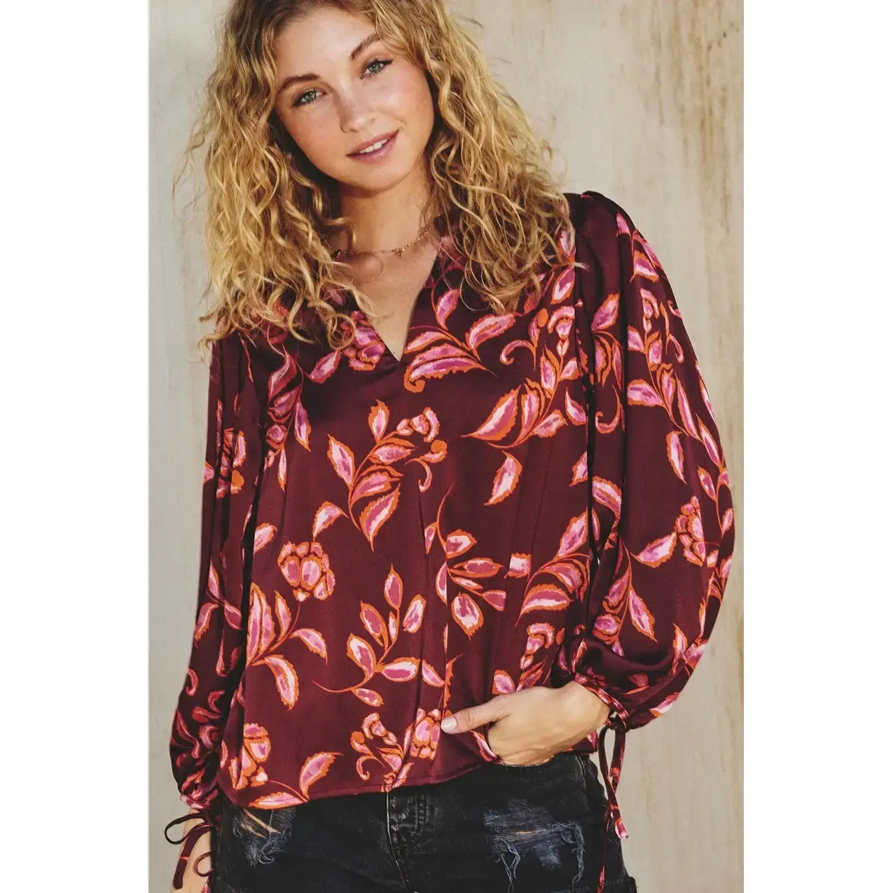 Sangria Balloon Sleeve Blouse