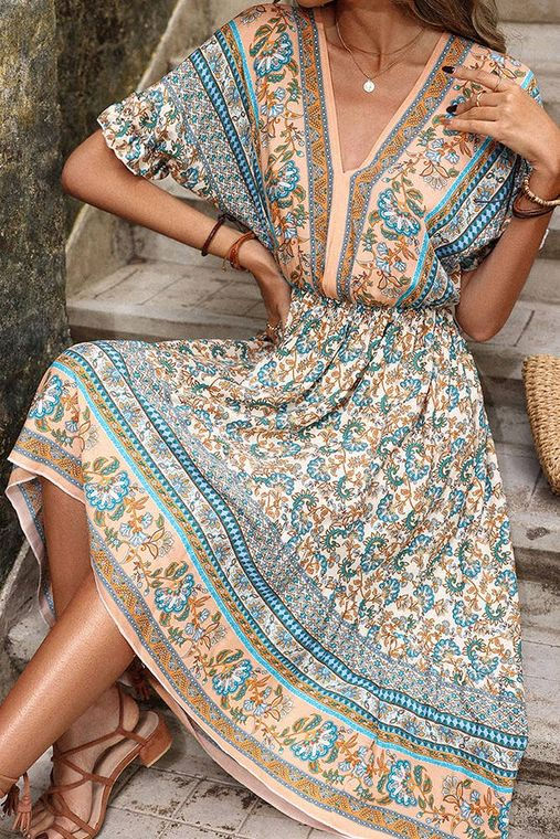 Summer Vintage V-neck Short Sleeve Mid-length Dress