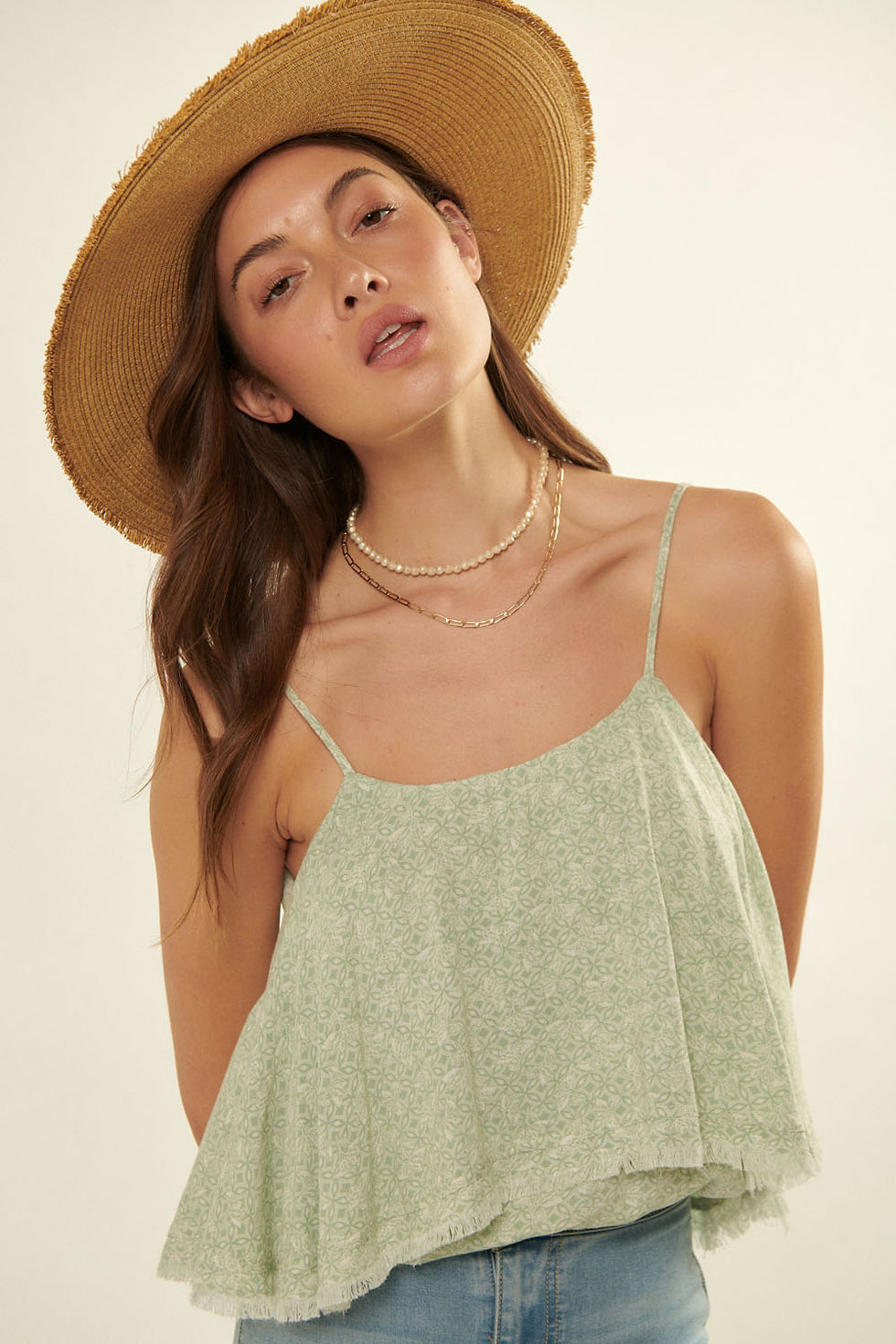 Thumbnail: Aztec Straight Neck Frayed Flounce Ruffle Bodysuit