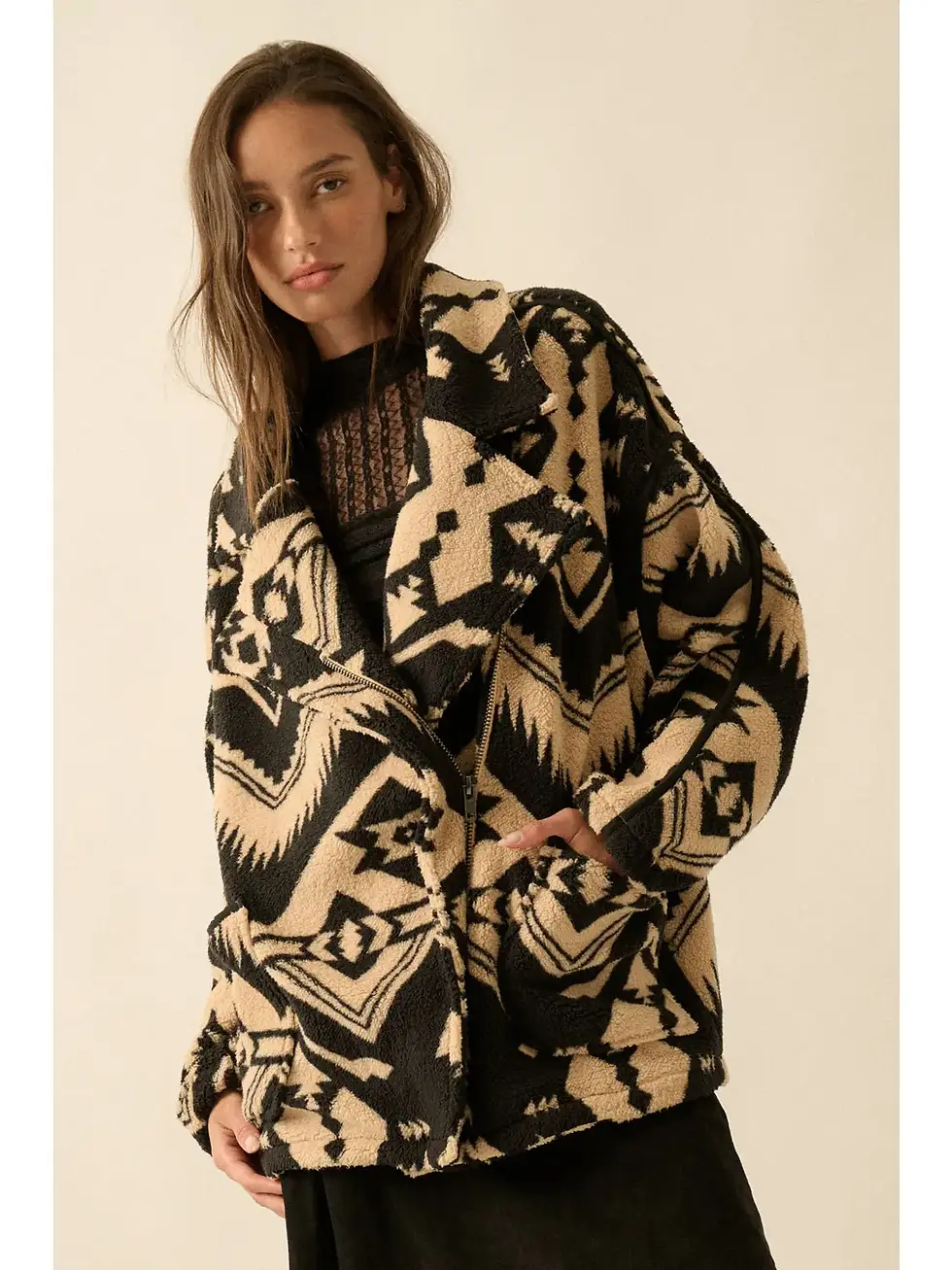 Promesa | Geometric-Print Sherpa Fleece Jacket