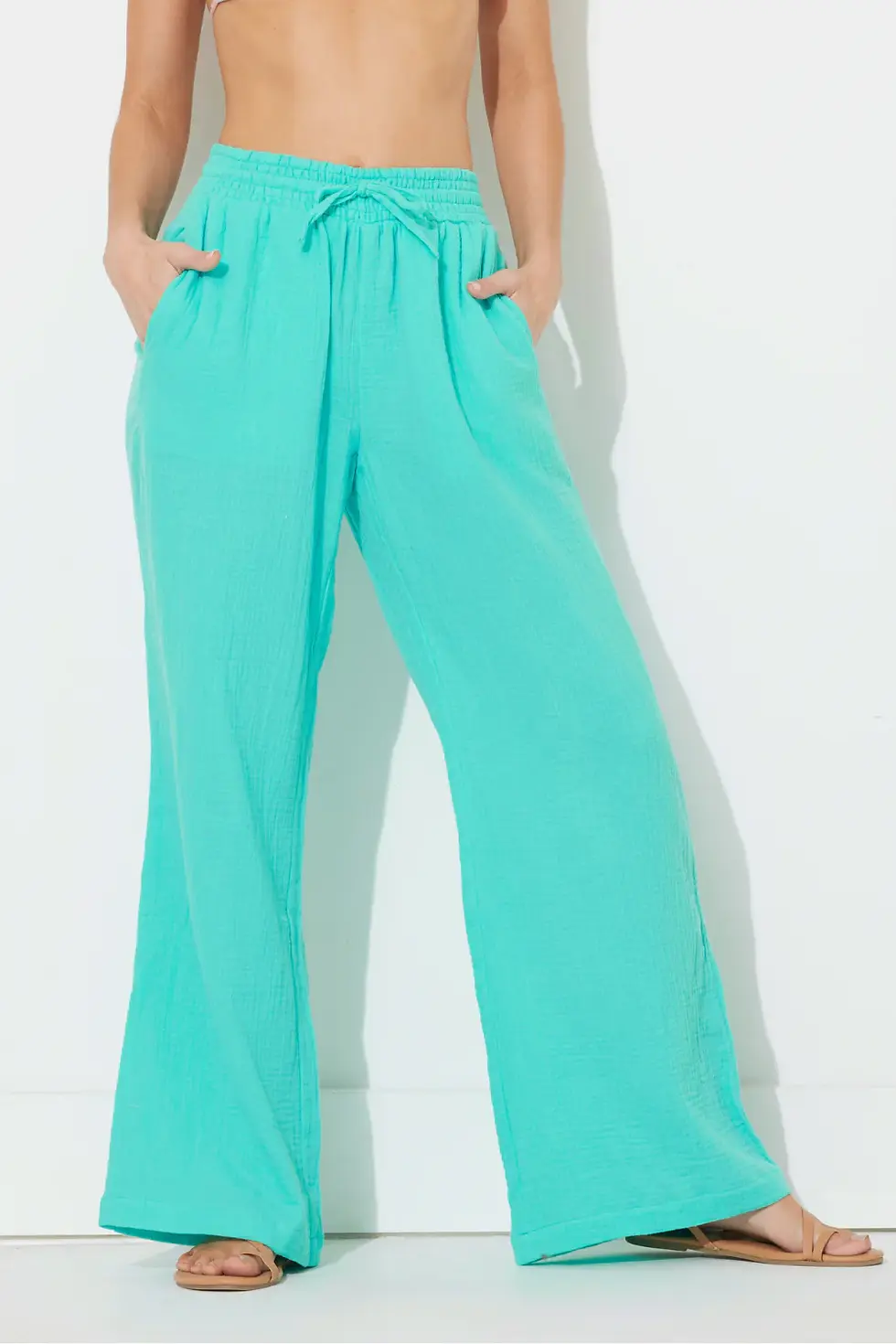 Thumbnail: Ocean Drive | Teal Green Gauze Wide Leg Pant