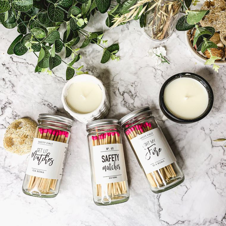 Safety Matches, Hot Pink Match Sets in Glass Jar & Strike Pad Included on Jar