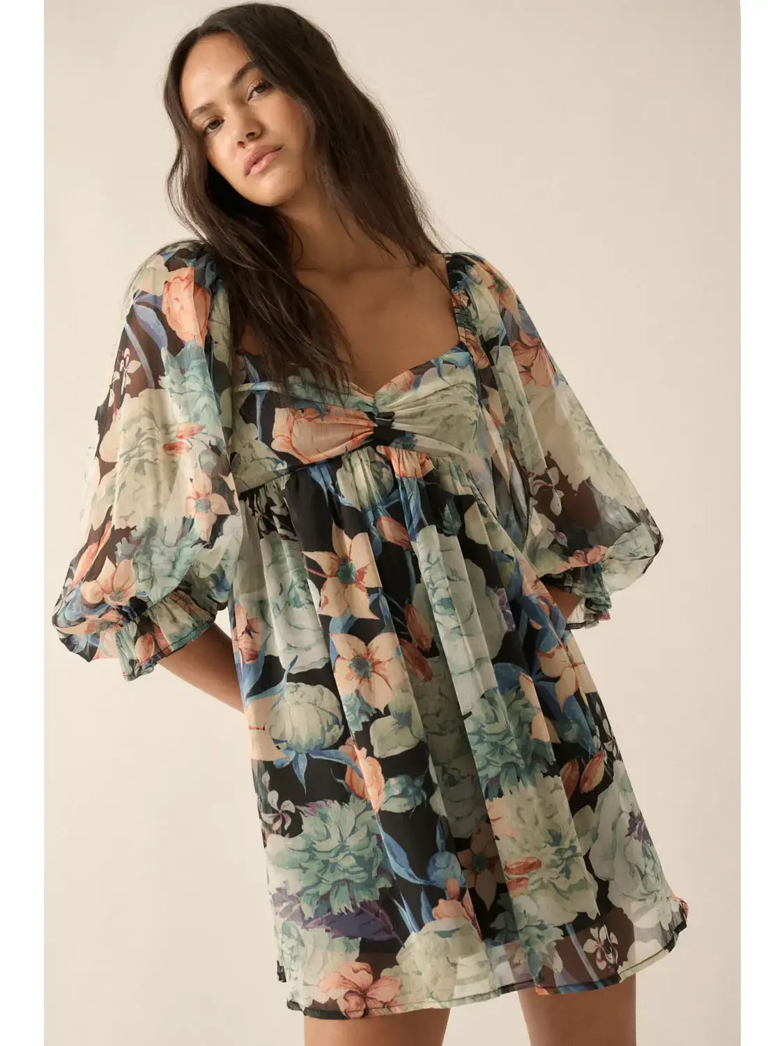 Floral Mesh Sweetheart Neck Chiffon Babydoll Dress