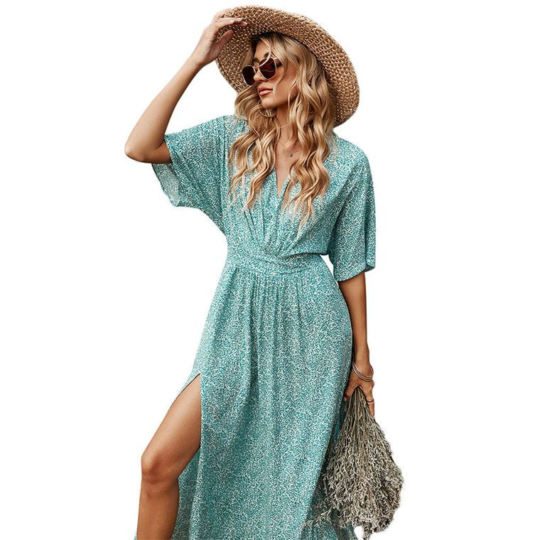 Green Floral V-Neck Mid-Sleeve Open Back Bohemian Maxi Dress