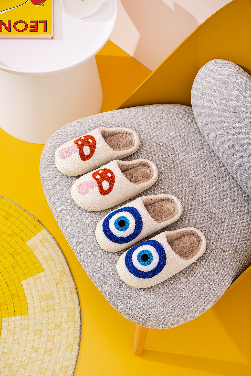 Thumbnail: Fun Mushroom Illustrated Comfort Cozy Plush Fluffy Fur Slip On Cushion Slippers