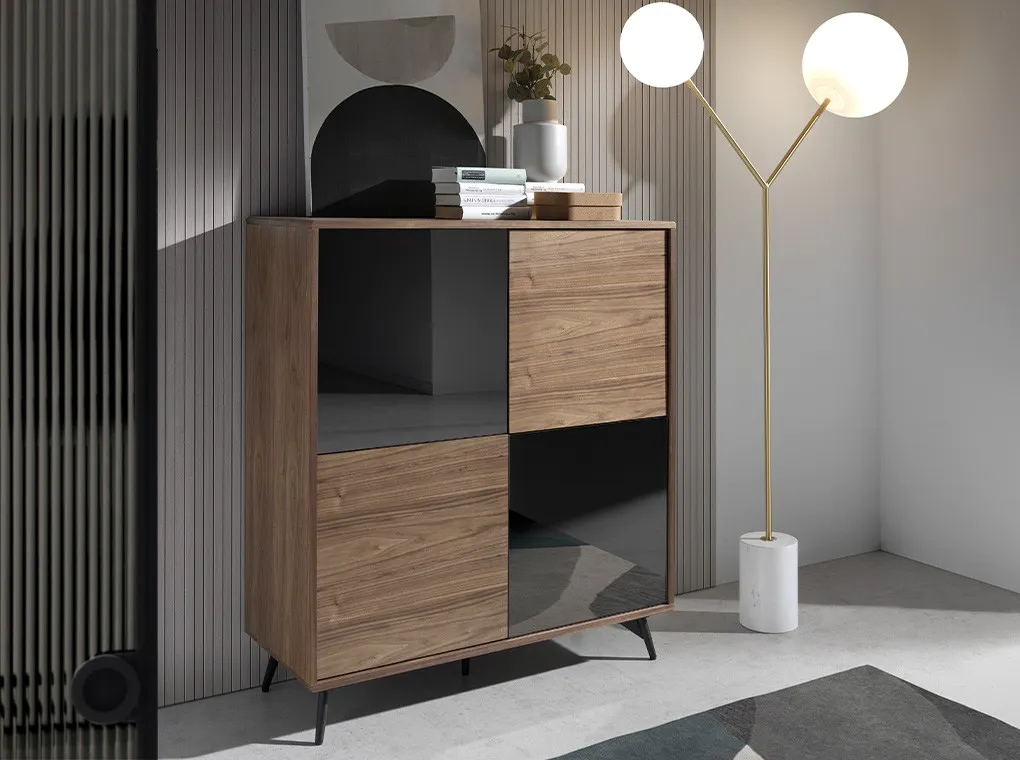 Buffet en bois et portes en verre effet miroir